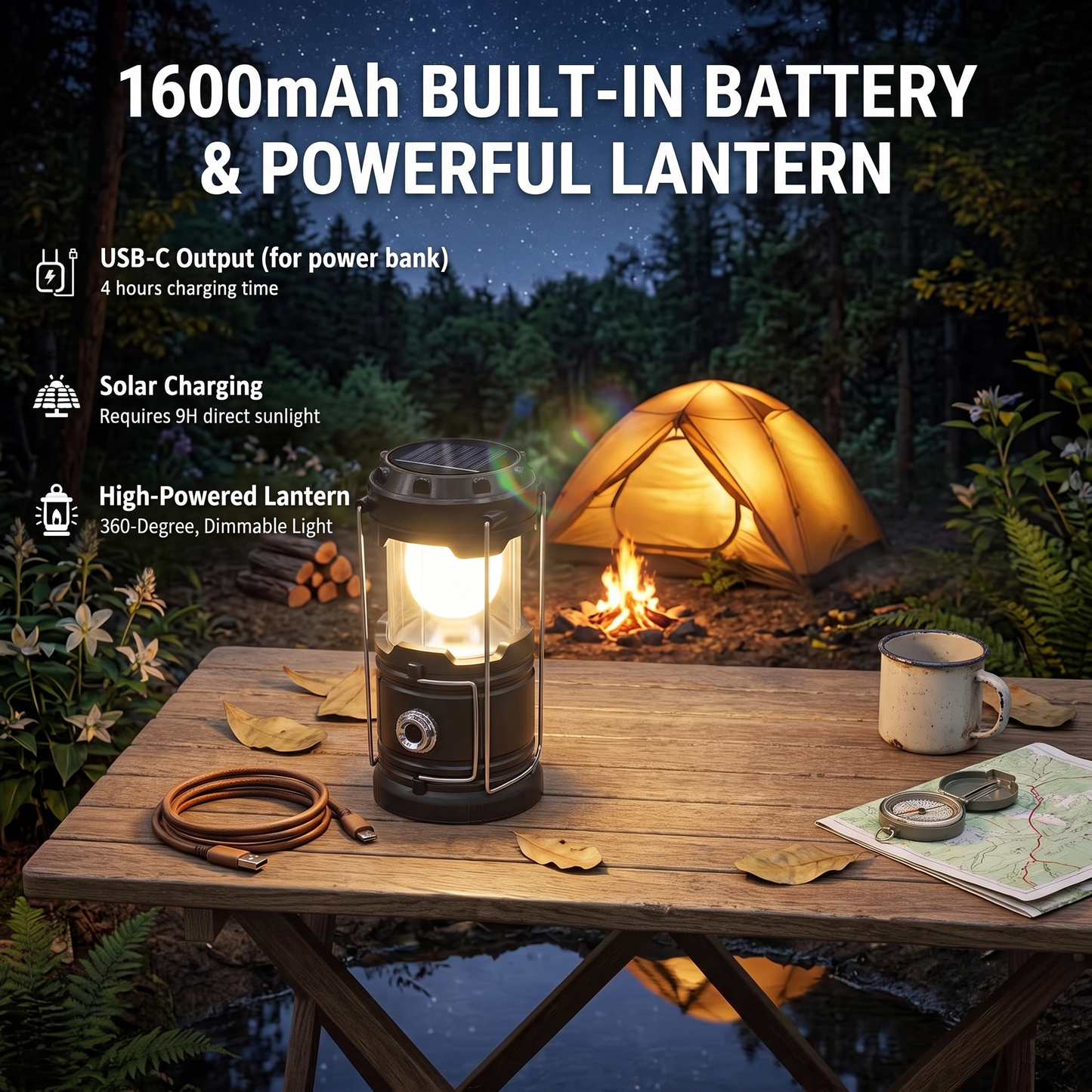 Rechargeable Solar Camping Lantern with USB – Portable LED Light for Outdoors & Emergencies